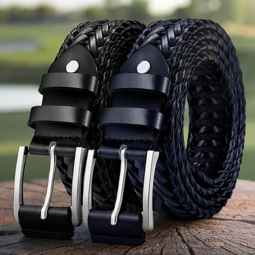 Vista 2 de BULLIANT - Cinturón de cuero trenzado para hombre, ajustable, para jeans casuales, golf, 1 3/8