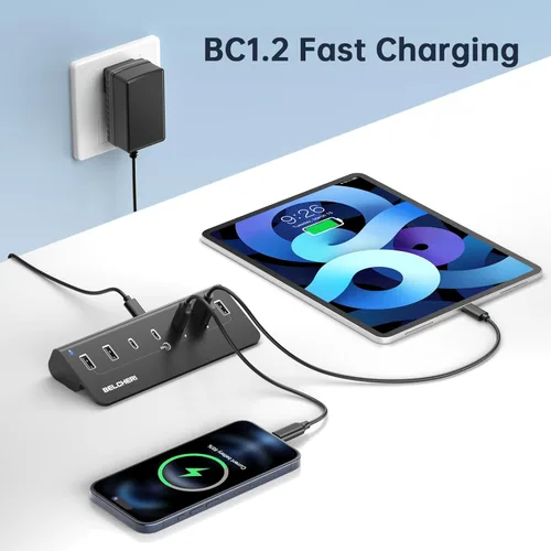 Vista 3 de Hub USB alimentado de 7 puertos, divisor USB de datos de alta velocidad de 10 Gbps (4 puertos USB-A y 3 puertos USB-C), concentrador de aluminio