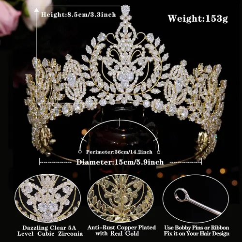 Vista 4 de Aoligrace Tiara y corona de boda de circonita cúbica de lujo para mujeres, joyería para el cabello, quinceañera, regalos para novias para mujeres