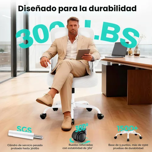 Vista 8 de AreShark Silla de oficina – Silla de escritorio ergonómica de malla transpirable con soporte lumbar ajustable y reposabrazos abatibles – Silla Blanco
