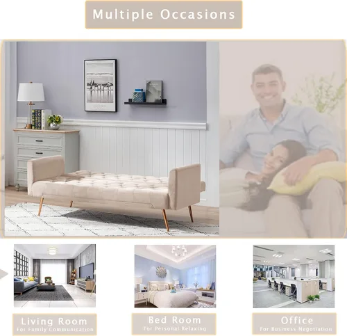 Vista 7 de Sofá cama futón de terciopelo con 2 almohadas, sofá cama convertible con respaldo ajustable de 3 ángulos, sofá biplaza moderno con 4 patas de metal
