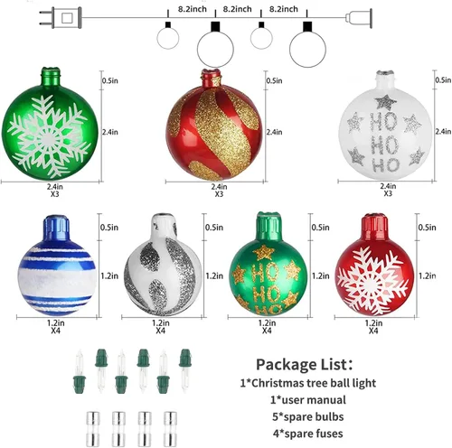 Vista 6 de itayak Luces de adorno de bola de Navidad, 28 pies, 25 bombillas, tira de luces de árbol, cable expandible para interiores para fiestas navideñas