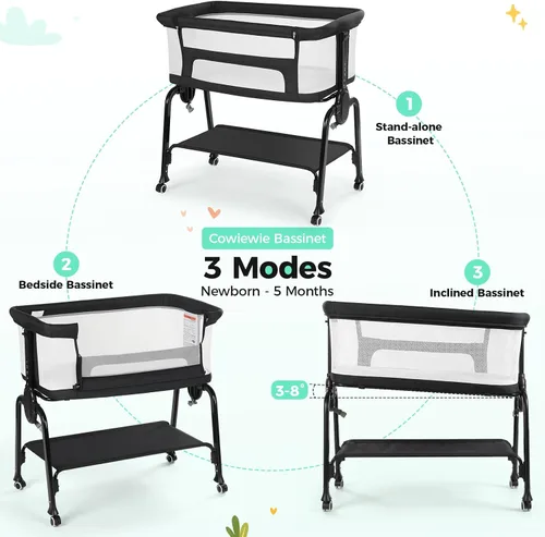 Vista 3 de Cowiewie Moisés de noche, moisés transpirable y colchón, ligero y portátil para dormir de noche (negro) 0-5 Months Baby Infant Up to 33 lb