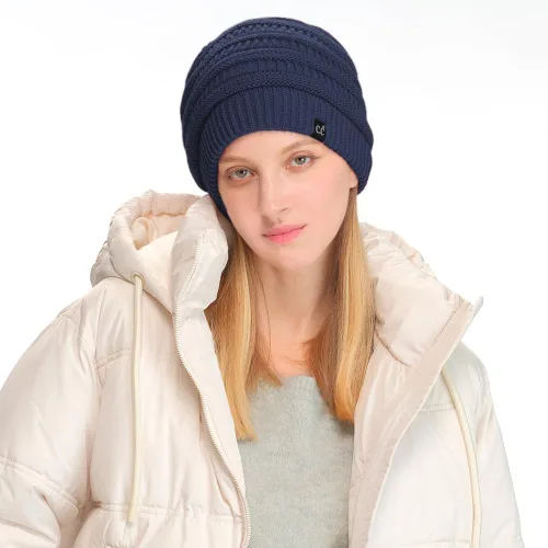 Vista 37 de C.C Winter Oversized Beanie Hat with Fuzzy Lining – Thick Knit Thermal Beanie for Cold Weather, Soft Warm Fleece Lined Cap