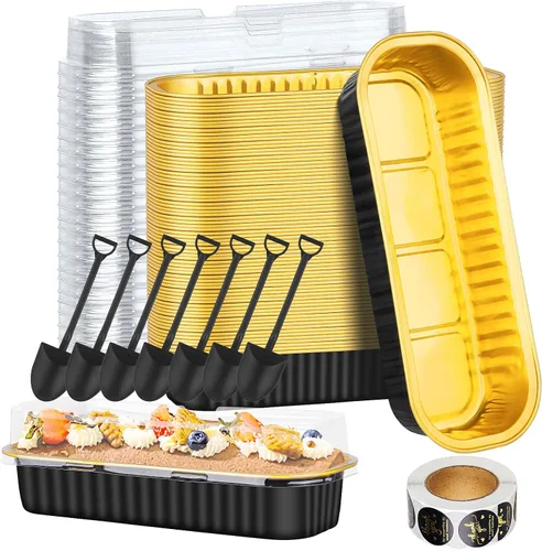 Vista 24 de Paquete de 100 mini moldes para pan de Navidad con tapas, mini moldes para pasteles con tapas y cucharas, moldes de papel de aluminio de 6.8 onzas