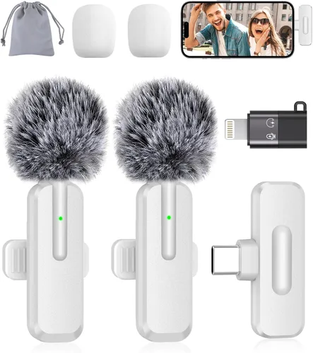 Vista 7 de Mini micrófono inalámbrico para iPhone, paquete de 2 micrófonos Lavalier para grabación de video, micrófono de solapa con reducción de ruido 2 en 1