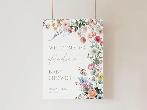 Vista 26 de Letrero de bienvenida personalizado de flores silvestres para baby shower, letrero floral bohemio para baby shower, letrero con nombre personalizado