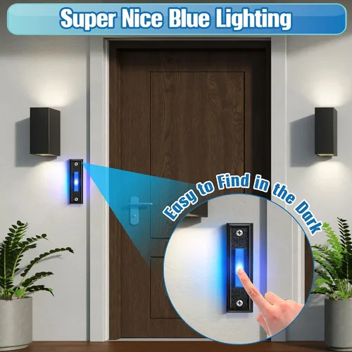 Vista 2 de 1 botón de timbre iluminado con cable, interruptor LED azul, negro, luz azul