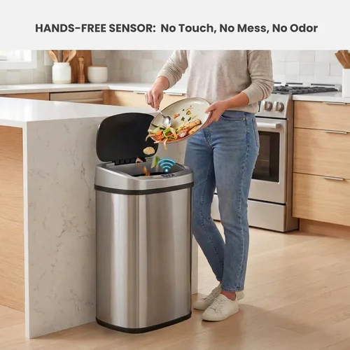 Vista 2 de iTouchless - Cubo de basura con sensor sin contacto y sistema de control de olores, forma ovalada, cubo de 13 galones y acero inoxidable para cocina