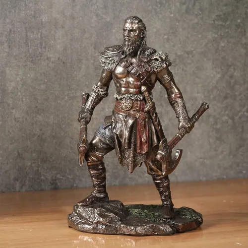 Vista 2 de Veronese Design 6 1/4 pulgadas vikingo gemelo hachas guerrero escultura masculina resina escultura acabado de bronce fundido en frío