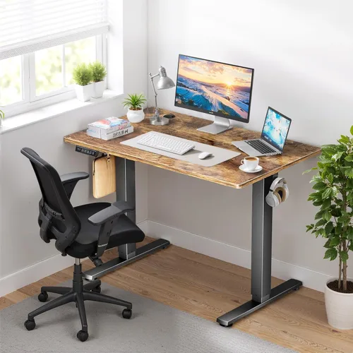 Vista 2 de Escritorio eléctrico de pie de 48 x 24 pulgadas, altura de memoria, ergonómico, de pie a pie, mesa de computadora con 2 ganchos y agujero para Marrón