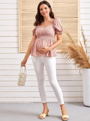 Vista 6 de OYOANGLE Women's Maternity Floral Print Blouse Short Sleeve Ruffle Hem Peplum Tops