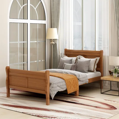 Vista 3 de Harper & Bright Designs Base de cama individual de madera con cabecero y estribo, cama de trineo con soporte de listones de madera (nuevo, roble)