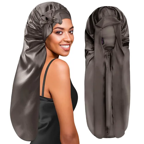 Vista 27 de BONNET QUEEN Gorro de Trenza de Seda Gorro Plegable Extra Largo para Trenzas con Banda de Atar, Capó de Satén Largo para Dormir, Verde Oscuro
