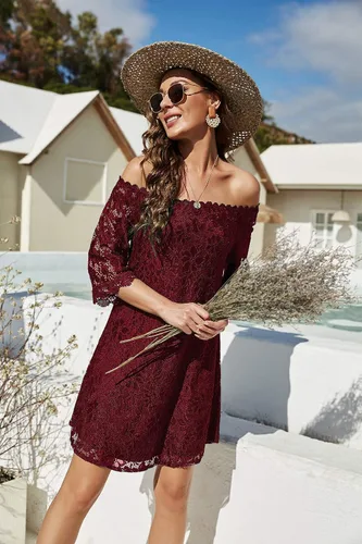 Vista 3 de OURS Mini vestido suelto de encaje con hombros descubiertos y manga de 34 para mujer