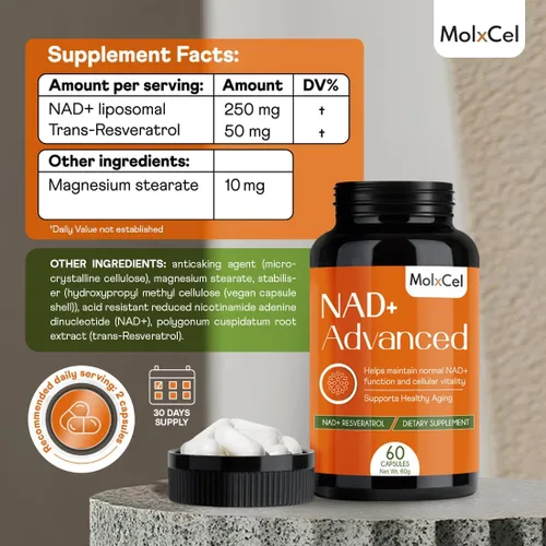 Vista 8 de Suplemento liposomal NAD con resveratrol, avanzado NAD+ resveratrol para mujeres y hombres, 60 cápsulas, suministro para 30 días