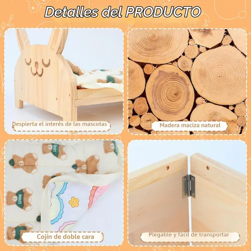 Vista 5 de BWOGUE Cama grande de madera de conejo, cama plegable 2 en 1 para mascotas con cojín reversible y almohada, fácil de montar, camas para animales