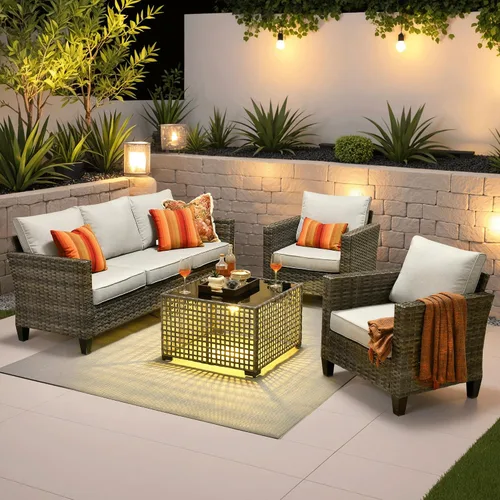 Vista 26 de ovios Juego de muebles de patio de 4 piezas con sofá de exterior, luces solares, mesa, cojines cómodos, sofá de conversación de mimbre de ratán