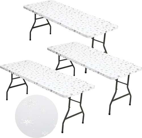 Vista 10 de Mixweer 1 Pza Mantel de Copo de Nieve Borde Elástico Ajuste Ceñido Rectangular Cubierta de Mesa Plegable 6 Pies, 30 x 72'' Tela de Poliéster
