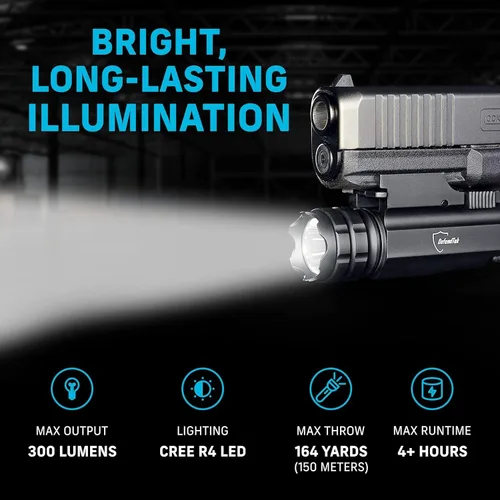 Vista 4 de Linterna táctica LED tipo pistola, recargable, con salida rápida de 300 lúmenes modelo DT-M1 de DefendTek