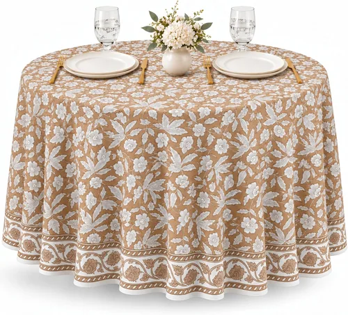 Vista 52 de Ridhi Mantel redondo estampado a mano color rosa flamenco 120 pulgadas 100%