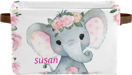 Vista 7 de Cesta de almacenamiento personalizada con diseño de elefante y flores rosas con nombre, caja de almacenamiento grande con asas para el hogar