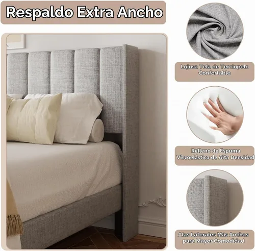 Vista 4 de HAOARA - Base de cama tamaño Queen con cabecera acolchada tapizada en terciopelo y diseño acanalado vertical y respaldo en forma de ala, base
