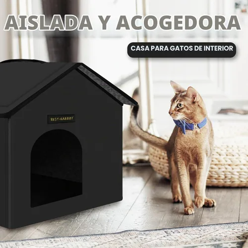 Vista 5 de Rest-Eazzzy Casa para gatos al aire libre, resistente a la intemperie y aislada, con alfombrilla y toldo, fácil de poner, refugio para gatos Negro