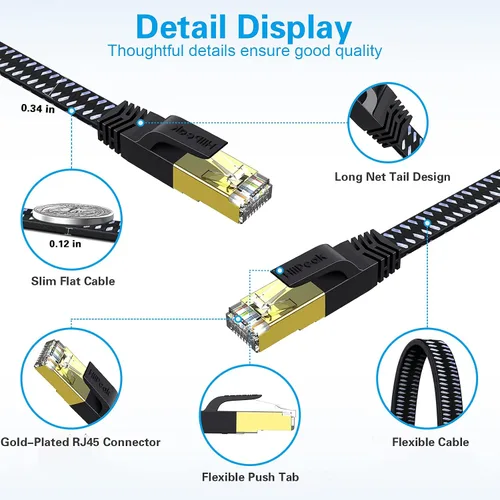 Vista 3 de HiiPeak Cable Ethernet Cat 8 de 3 pies, cable de Internet trenzado plano de nailon, cable LAN de red de alta velocidad de 40 Gbps, cable RJ45