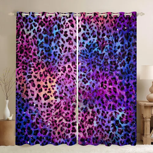 Vista 35 de Feelyou Purple Leopard Print Blackout Curtains Black Wild Safari Darkening Drapes for Bedroom Living Room Decor Cheetah Fur Wildlife Thermal