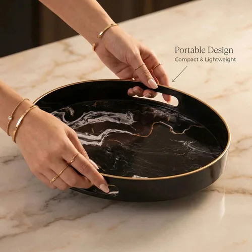 Vista 3 de Bandeja decorativa redonda, plástico mármol con asas, tocador moderno y para servir otomana, mesa auxiliar, cocina y baño, tamaño 13 pulgadas, negro