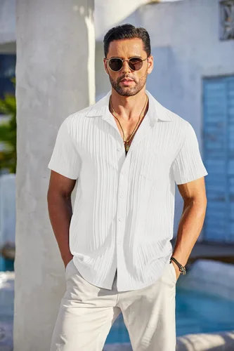 Vista 2 de COOFANDY - Camisas de botones casuales para hombre, de manga corta, con textura, camisa de playa de verano con bolsillo