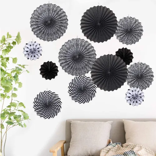Vista 7 de ONUPGO Paper Fans - Juego de abanicos de papel para colgar en fiestas, color negro, 12 unidades, decoración de fiesta mexicana, pancarta colgante
