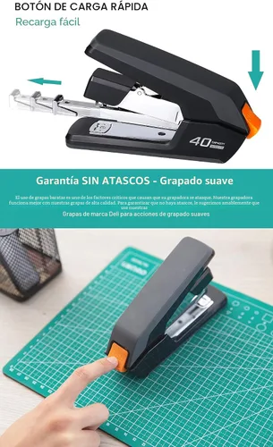 Vista 3 de Engrapadora de escritorio Deli sin esfuerzo, capacidad de 40 hojas, grapado con un toque de un dedo, grapadora ergonómica resistente fácil