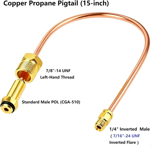 Vista 6 de Regulador de Cambio Automático Coleta de Cobre POL x 1/4" Conexión Macho Invertida 15" de Largo POL CGA-510 x 1/4" llamarada masculina invertida