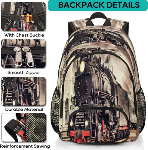 Vista 6 de TropicalLife Mochila escolar vintage de tren de vapor de 18 pulgadas, mochila escolar para adolescentes, niñas, niños, mochila escolar