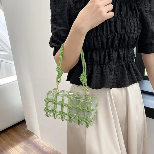 Vista 2 de Gimue Bolso de acrílico transparente con diamantes de imitación, bolso de mano de noche brillante, bolso anudado adornado con cristal para cóctel