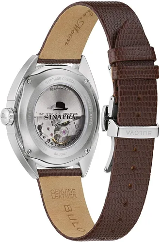 Vista 2 de Bulova Frank Sinatra 96B347 - Correa de cuero marrón y esfera plateada y blanca 96B347, Marrón, Classic