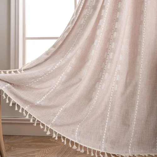 Vista 5 de Deeprove Cortina Boho de 96 pulgadas de largo para sala de estar, dormitorio, guardería, lino café semi-transparente transpirable de 96 pulgadas