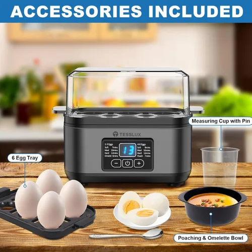 Vista 5 de Tesslux Cocedor Eléctrico Rápido de Huevos, Capacidad para 6 Huevos para Huevos Duros, Huevos Escalfados, Huevos Revueltos, o Fabricante de Gris