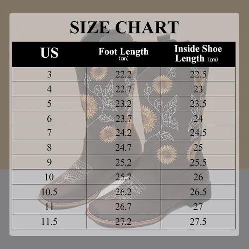 Vista 6 de gloryinterest Botas vaqueras para mujer, botas vaqueras de media pantorrilla, botas occidentales con bordado de girasol, punta cuadrada, tacón bajo