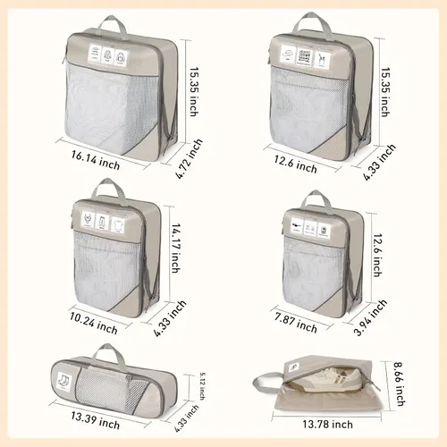 Vista 7 de Juego de 6 cubos de compresión de embalaje expandibles para maletas, accesorios de viaje (beige)