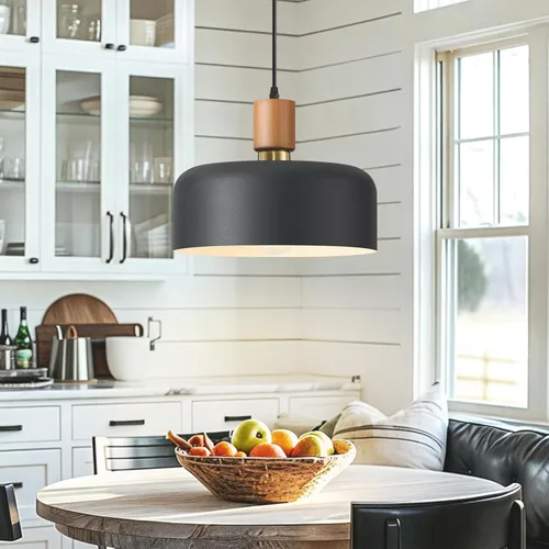 Vista 9 de Lámpara colgante moderna negra sobre isla de cocina, iluminación colgante industrial, lámpara colgante de techo de madera ajustable para comedor