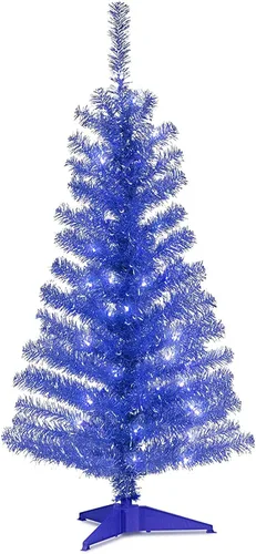 Vista 11 de árbol de Navidad, de 4 pies, con hojas de espumillón azules, soporte plástico y 70 luces claras (TT33-304-40), de National Tree Negro