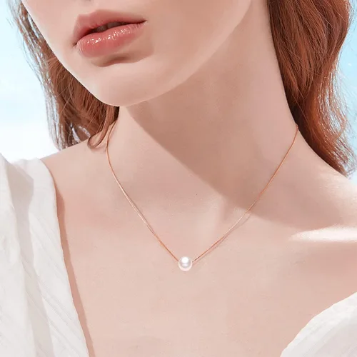Vista 2 de Collar de perlas de oro amarillo de 14 quilates para mujer, cadena duradera de oro real con colgante de perla cultivada individual, regalo de Oro