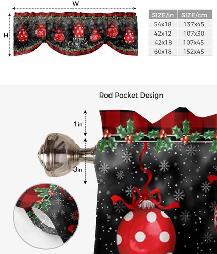 Vista 6 de Cenefa de cortina con lazo rojo de Navidad para ventanas, sala de estar, cocina, baño, granja, bolas de Navidad de acuarela con diseño de bayas