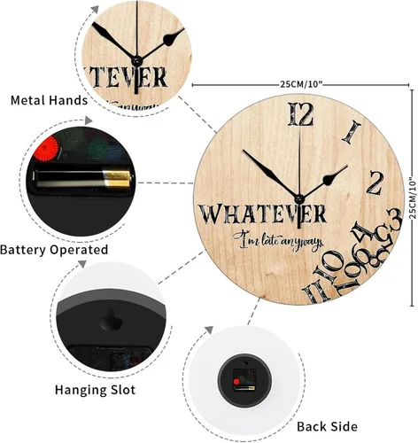 Vista 2 de Reloj de pared de 10 pulgadas, de grano de madera rústica, divertido con texto en inglés "Whatever I'm Late Anyways", reloj de pared vintage