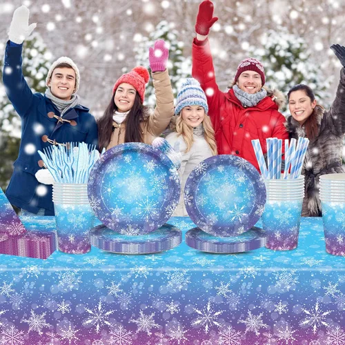Vista 6 de Kit de vajilla mágica para fiesta de Frozen Wonderland – 161 suministros de cumpleaños de copos de nieve de invierno azules y morados para niños