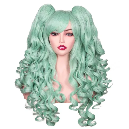 Vista 30 de ColorGround Peluca larga y rizada para cosplay con 2 colas de caballo (azul celeste)