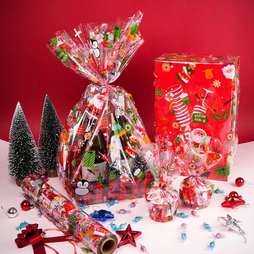 Vista 4 de Rollo de Envoltura de Celofán de Navidad de 100 Pies x 32 Pulgadas, Bolsas de Celofán de Navidad, Envoltura de Celofán de Navidad con Papá Noel